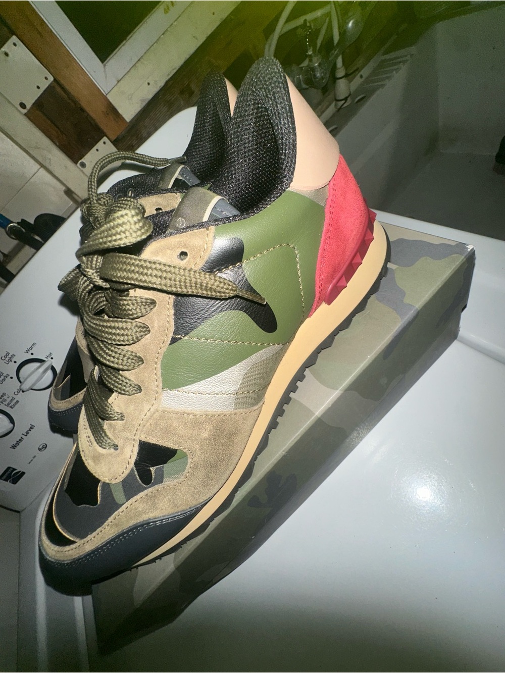 Valentino Olive Green & Red Sneaker with Suede and Mesh